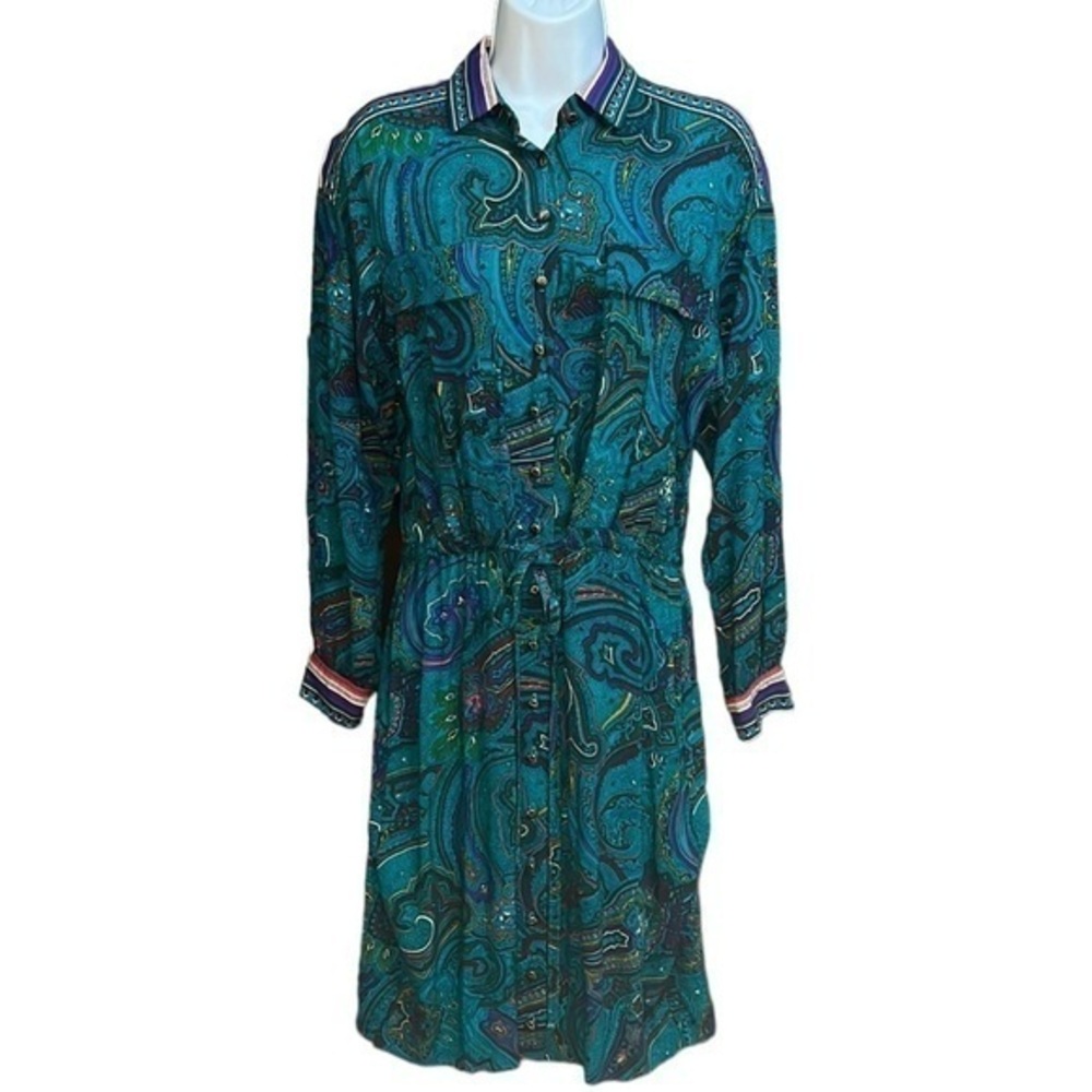 Schrader Vintage Paisley Floral Belted Shirt Dress 8